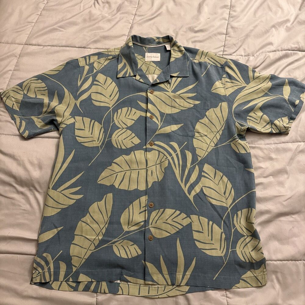 Tommy Bahama Silk Shirt full print floral leaf preppy collar Men’s Large